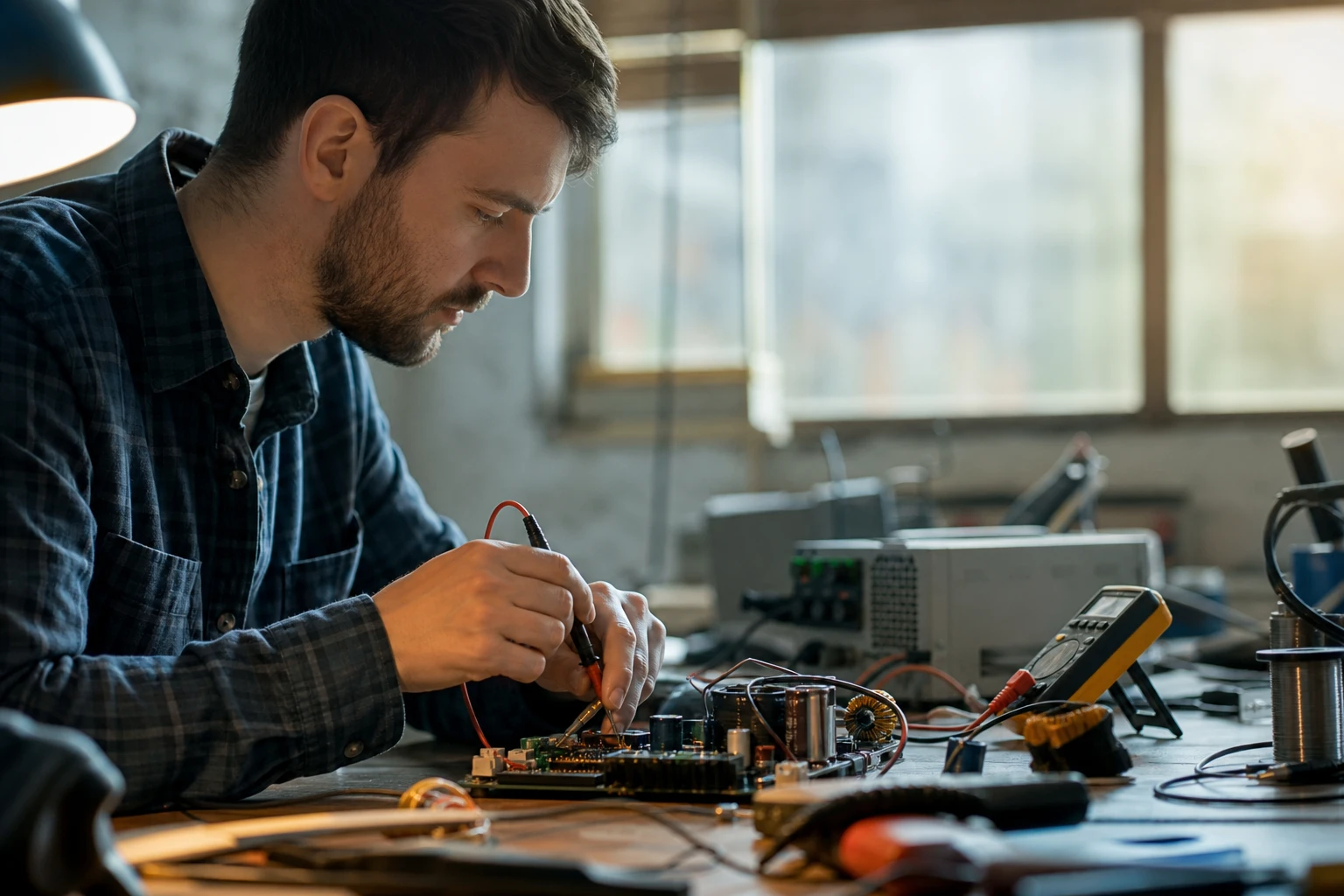 Muž pracujúci na AC-DC konvertore v elektronickej dielni