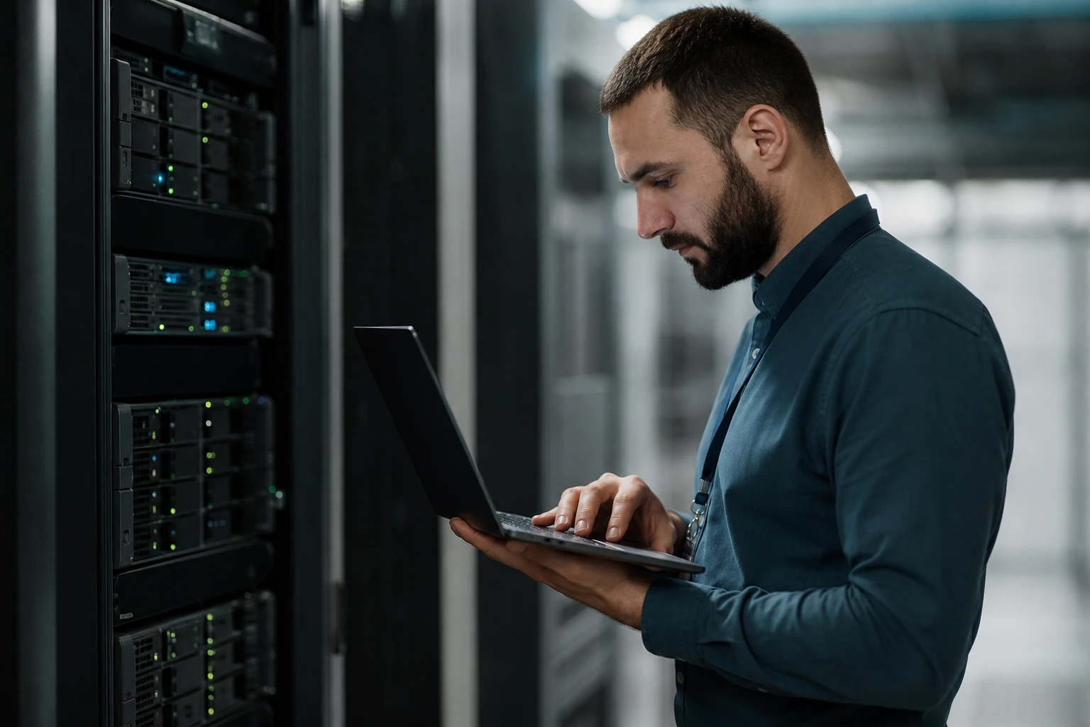 IT odborník pracujúci na laptopu pri RADIUS serveroch