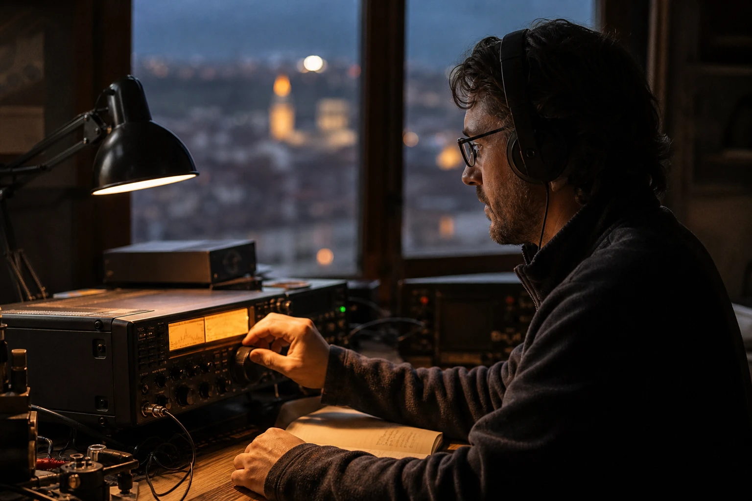 Muž pri počúvaní a nastavovaní rádiového prijímača v noci.