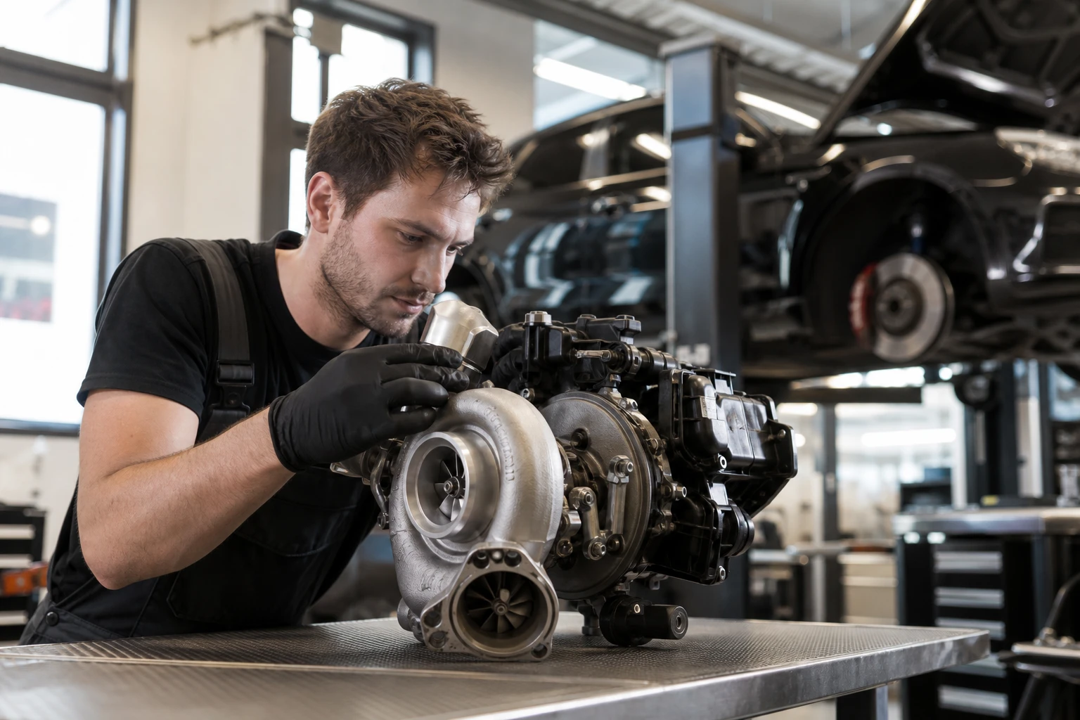 Mechanik kontroluje hybridné turbo pre automobily v dielni