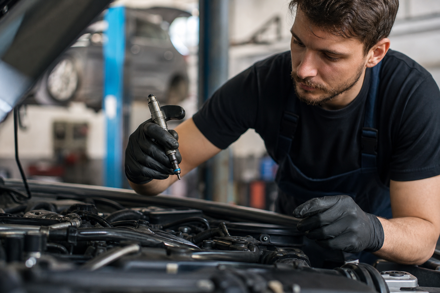 Mechanik kontroluje vstrekovací ventil auta v servise.