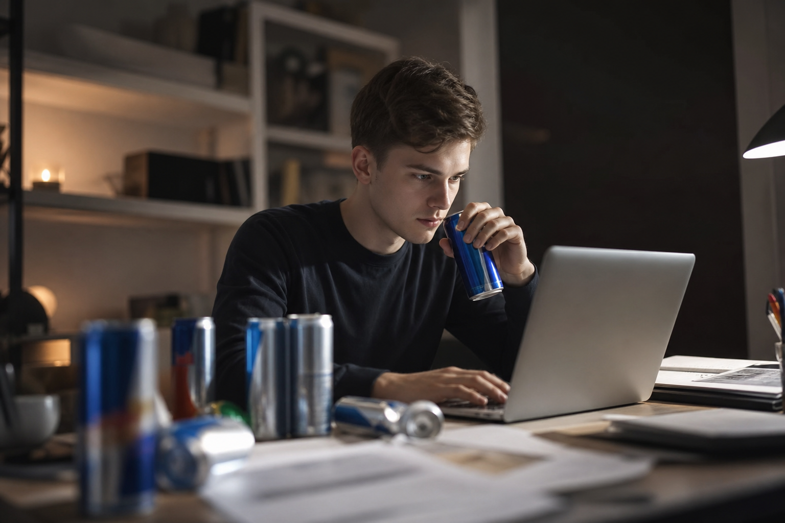 Mladý muž pracuje na laptopu, pričom pije energetický nápoj medzi prázdnymi plechovkami.