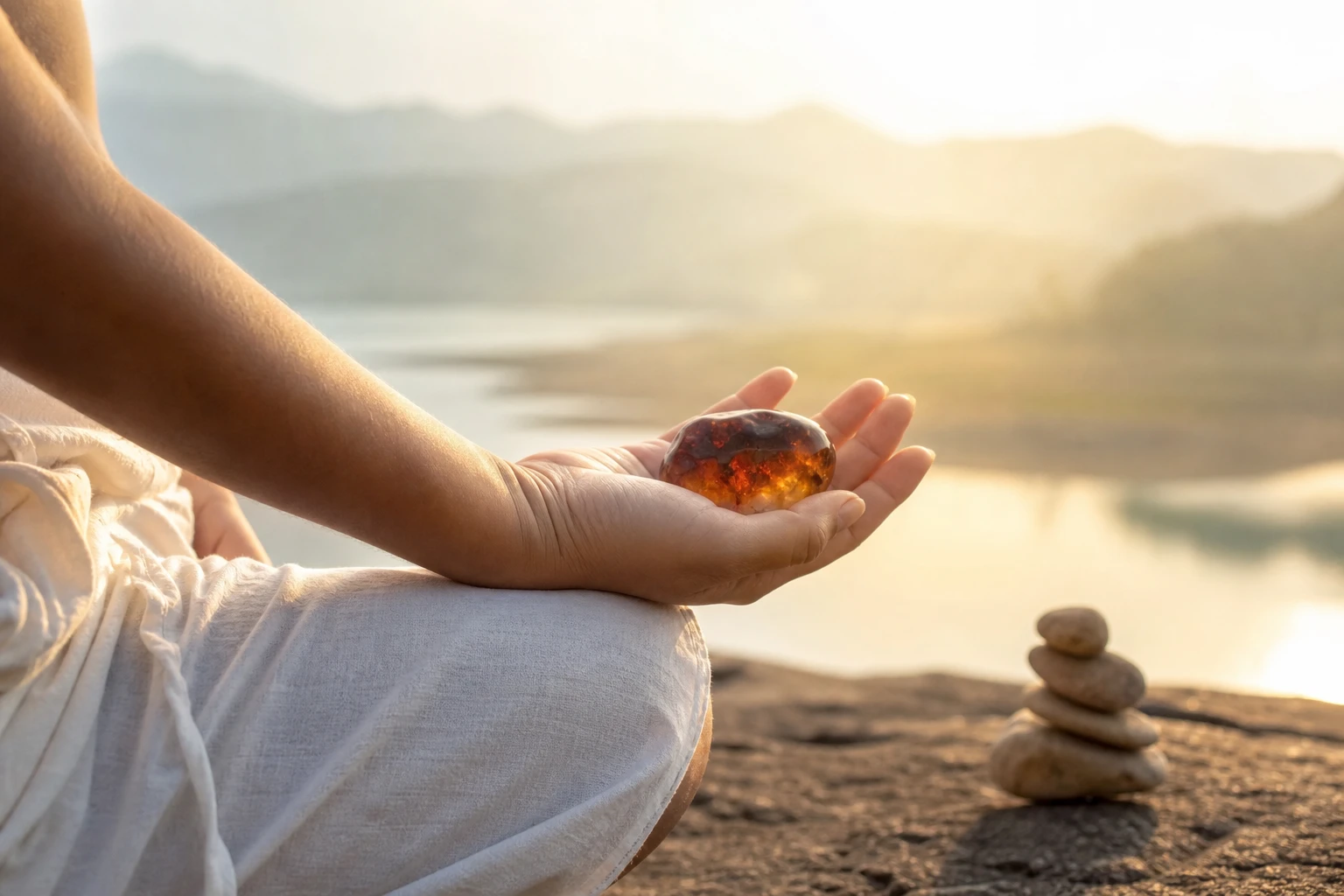 Ruka so ohnivým achátom pri meditácii na brehu jazera