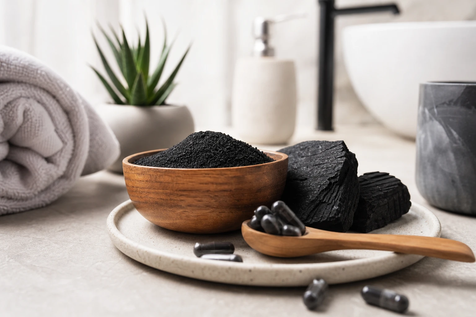 Aktívne uhlie v miske, kapsuly a prírodné produkty na detoxikáciu