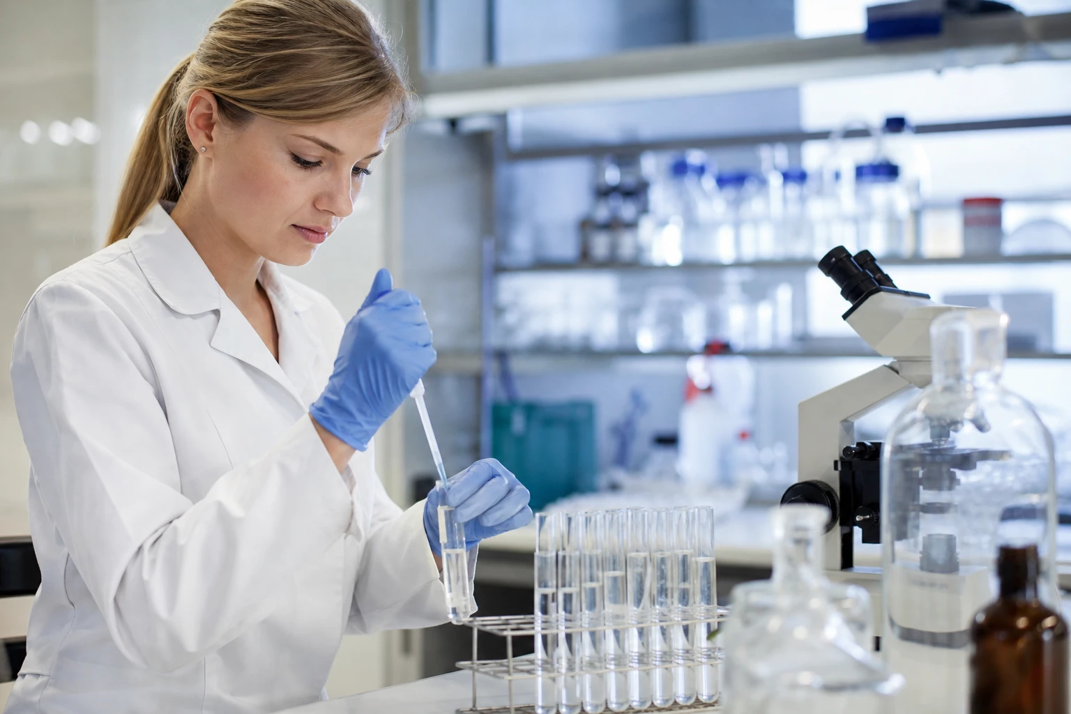 Žena v laboratóriu pracuje s testovacími skúmavkami a pipetou.