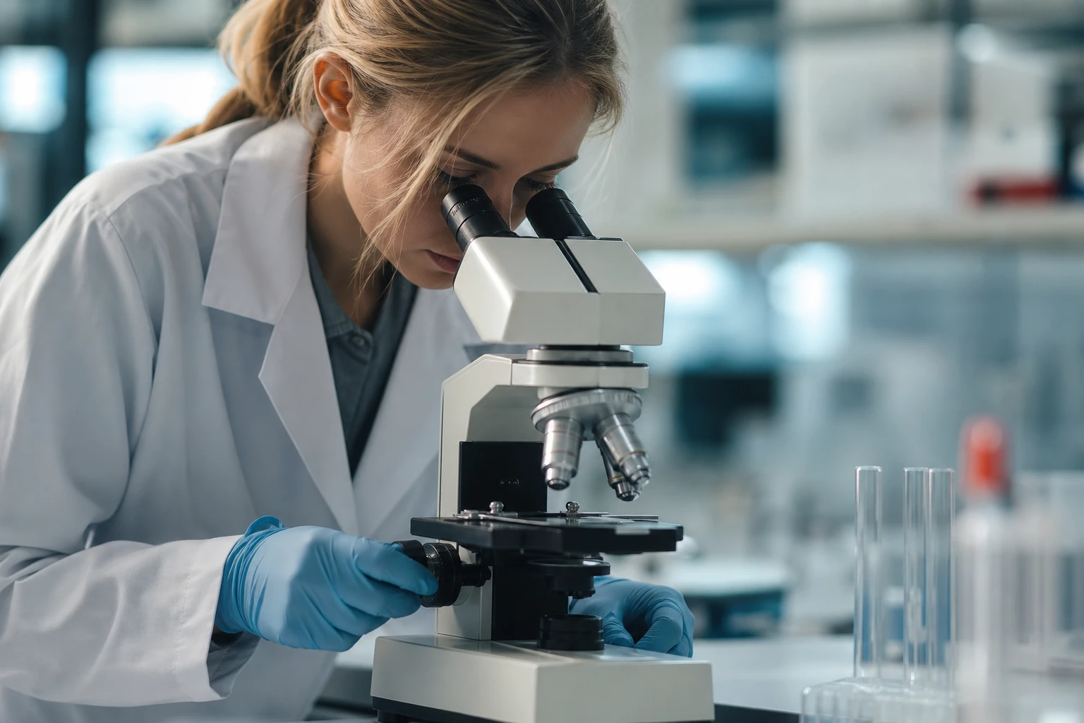Vedkyňa skúma vzorku pod mikroskopom v laboratóriu