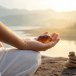 Ruka so ohnivým achátom pri meditácii na brehu jazera