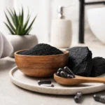 Aktívne uhlie v miske, kapsuly a prírodné produkty na detoxikáciu