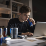 Mladý muž pracuje na laptopu, pričom pije energetický nápoj medzi prázdnymi plechovkami.
