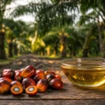 Čerstvé plody palmy a olej z palmového oleja na drevenej doske