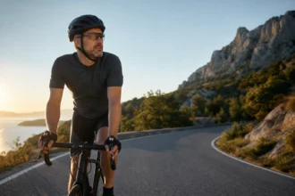 Cyklista na horskej ceste pri západe slnka