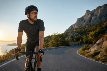 Cyklista na horskej ceste pri západe slnka
