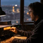 Muž pri počúvaní a nastavovaní rádiového prijímača v noci.