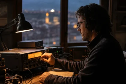 Muž pri počúvaní a nastavovaní rádiového prijímača v noci.
