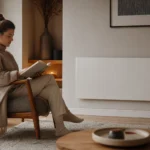 Mladá žena číta knihu pri keramickom vykurovacom telese v modernom interiéri.