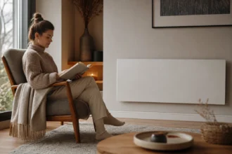 Mladá žena číta knihu pri keramickom vykurovacom telese v modernom interiéri.