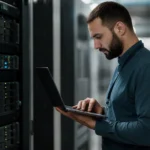 IT odborník pracujúci na laptopu pri RADIUS serveroch
