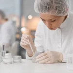 Kozmetička laboratória: odborník skúma parfémy a výrobky.