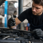 Mechanik kontroluje vstrekovací ventil auta v servise.