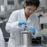 Žena v laboratóriu ovláda kalorimeter na meranie tepla.