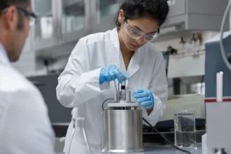 Žena v laboratóriu ovláda kalorimeter na meranie tepla.