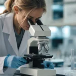 Vedkyňa skúma vzorku pod mikroskopom v laboratóriu
