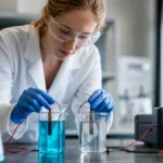 Žena v laboratóriu skúma galvanický článok s elektrolytom
