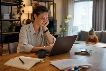 Žena pracujúca z domu na laptopu, s dieťaťom v pozadí.