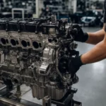 Mechanik pracuje na päťvalcovom motore v automobilovom priemysle