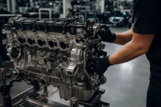 Mechanik pracuje na päťvalcovom motore v automobilovom priemysle