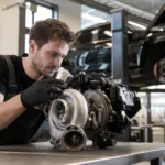 Mechanik kontroluje hybridné turbo pre automobily v dielni