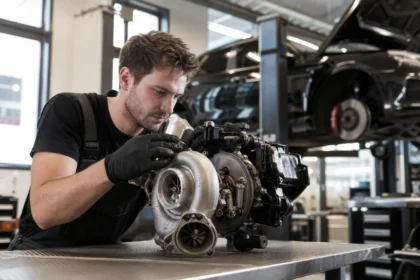 Mechanik kontroluje hybridné turbo pre automobily v dielni