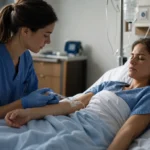 Zdravotná sestra podáva pacientovi liek na zmiernenie bolesti
