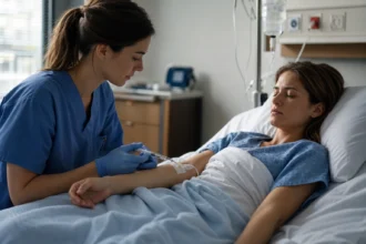 Zdravotná sestra podáva pacientovi liek na zmiernenie bolesti