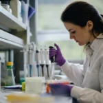 Vedec v laboratóriu skúma génovú expresiu pomocou lac operónu.