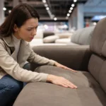 Žena kontroluje kvalitu textilnej kože na sedacej súprave.