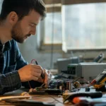 Muž pracujúci na AC-DC konvertore v elektronickej dielni