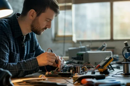 Muž pracujúci na AC-DC konvertore v elektronickej dielni