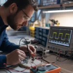 Muž pracuje na Schmittovom spúšťači v laboratóriu elektroniky.
