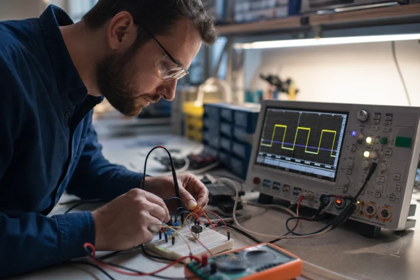 Muž pracuje na Schmittovom spúšťači v laboratóriu elektroniky.
