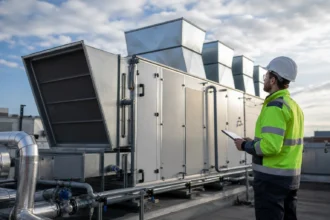 Technik kontroluje jednotky na úpravu vzduchu v priemyselnej prevádzke.