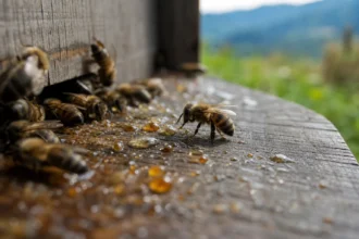 Včela zbierajúca medovú rosu na drevenej doske.