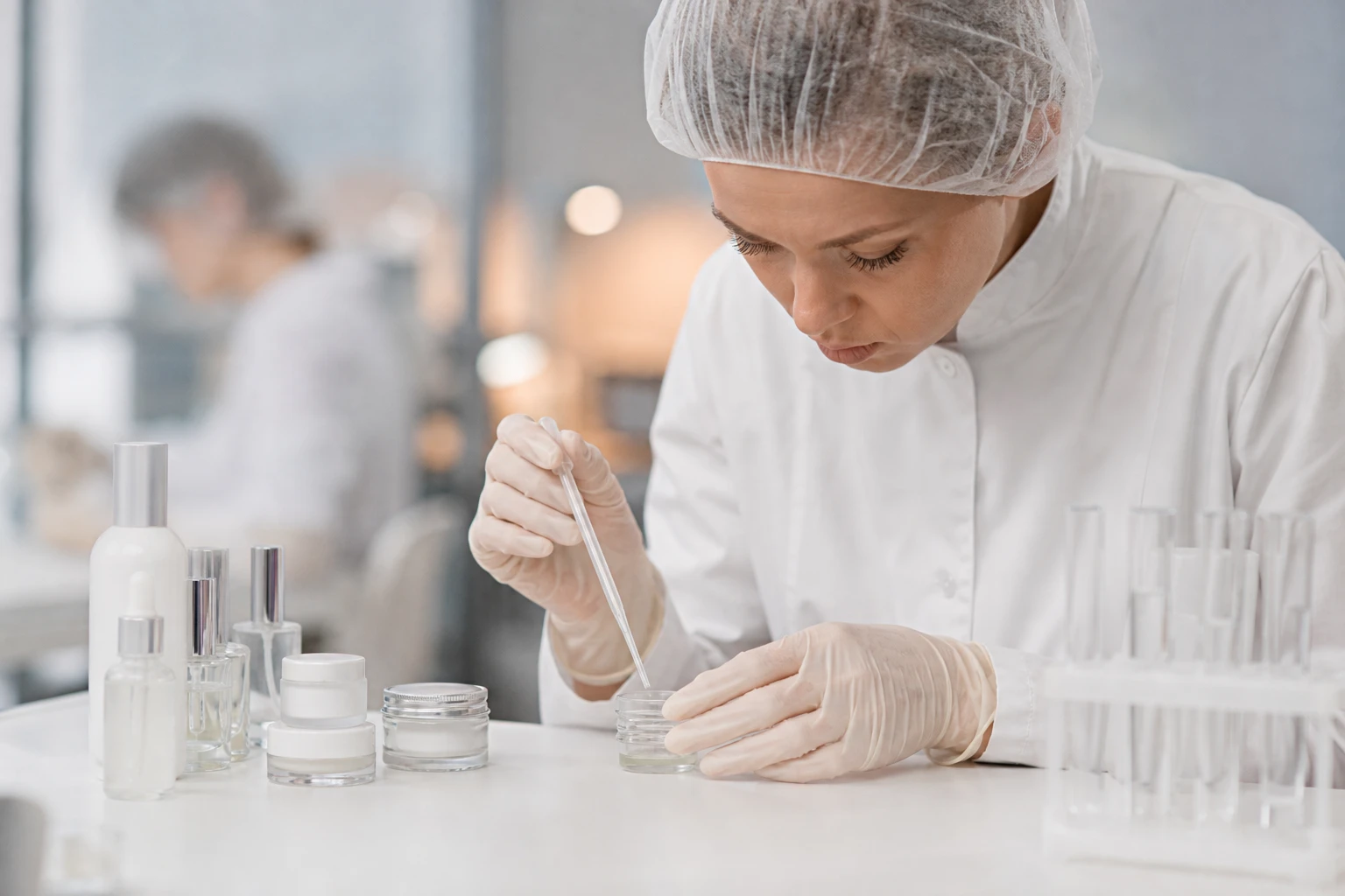 Kozmetička laboratória: odborník skúma parfémy a výrobky.