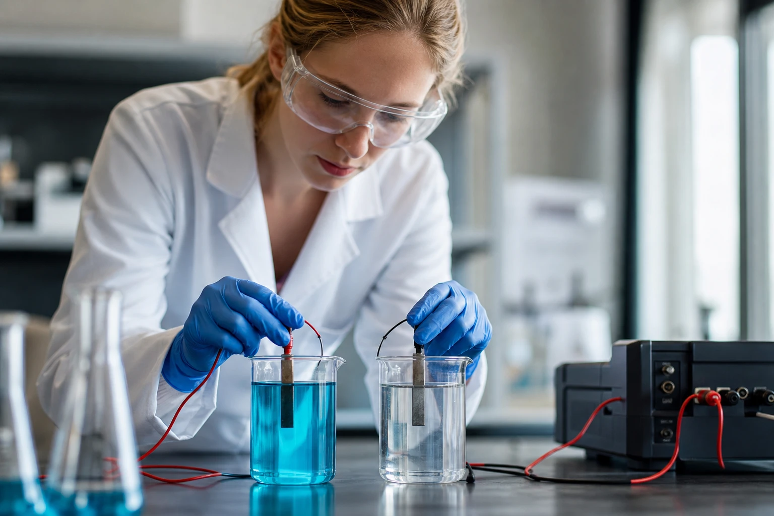 Žena v laboratóriu skúma galvanický článok s elektrolytom