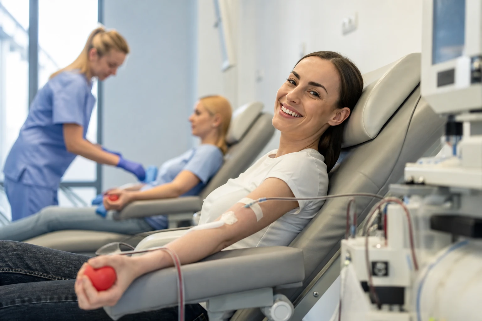 Darovanie plazmy: šťastná dáma počas zákroku s medicínskou pomocou