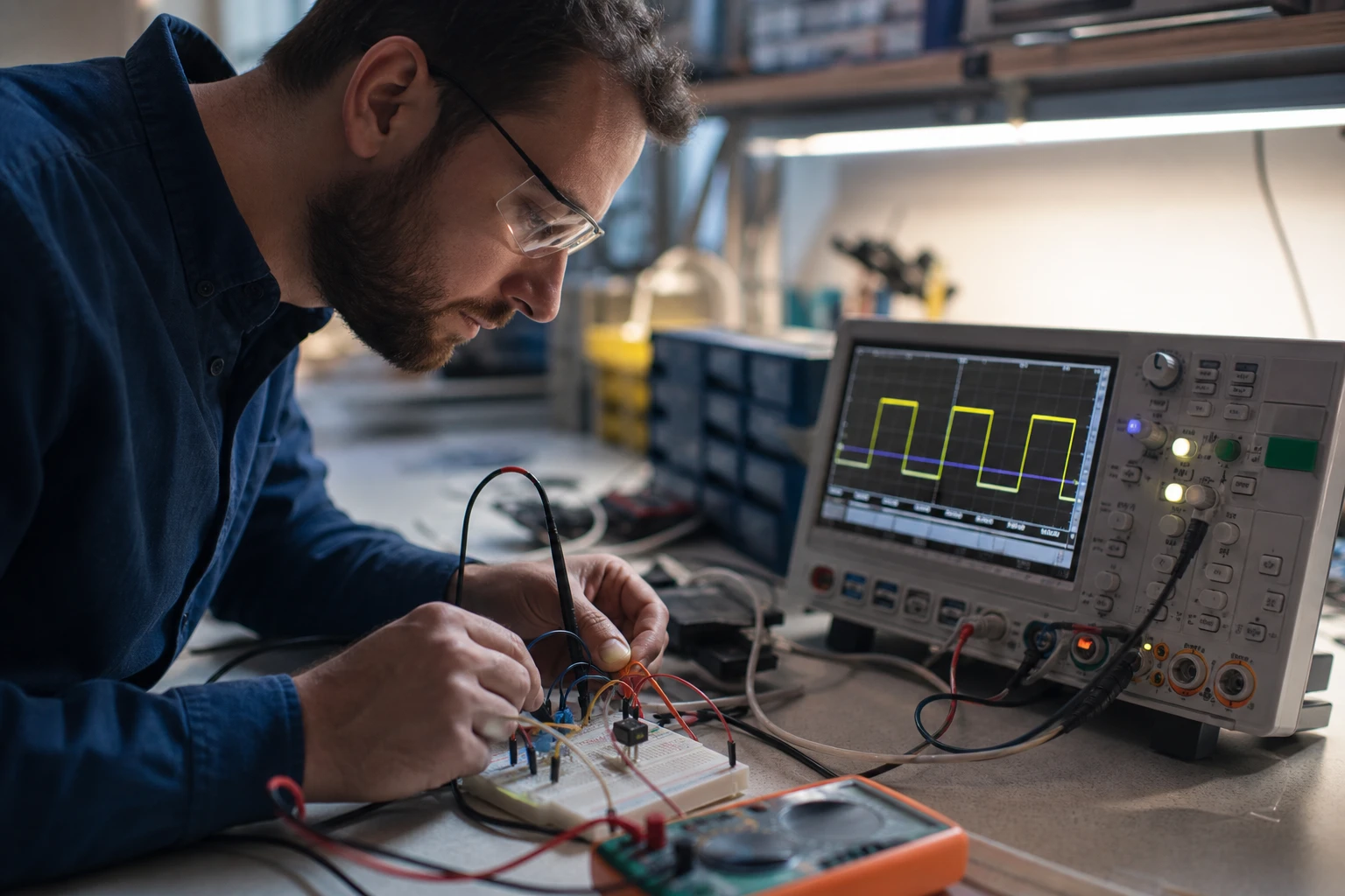 Muž pracuje na Schmittovom spúšťači v laboratóriu elektroniky.